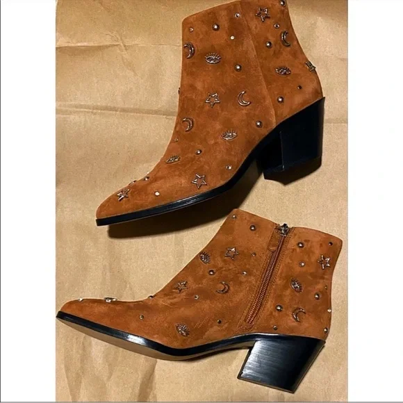 Rebecca Minkoff Lizzie Celestial Brown Suede Studded Bootie Boot